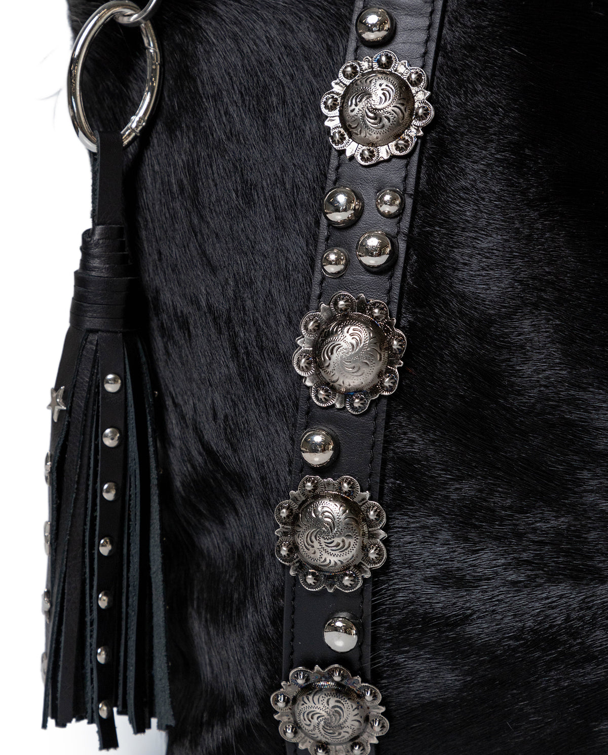 Womens Tote Bag Cowhide Leather Hair-On Black Tone Western Conchos Nickel Metal Clasp Charms - Black 63_201H000_NEG194007_5