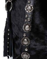 Womens Tote Bag Cowhide Leather Hair-On Black Tone Western Conchos Nickel Metal Clasp Charms - Black 63_201H000_NEG194007_5
