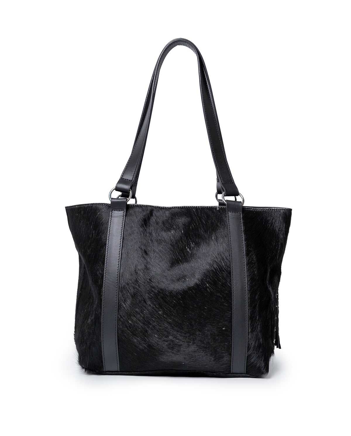 Womens Tote Bag Cowhide Leather Hair-On Black Tone Western Conchos Nickel Metal Clasp Charms - Black 63_201H000_NEG194007_6