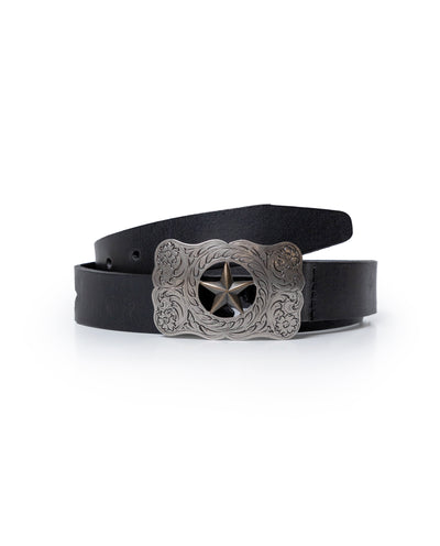 Women's Belt Slim Saddlery Cowhide Leather 100% Western Metal Plate - Black