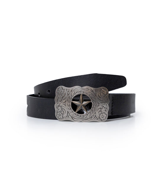 Womens Belt Slim Saddlery Cowhide Leather 100% Western Metal Plate - Black 63_211H001_NEG194007_0