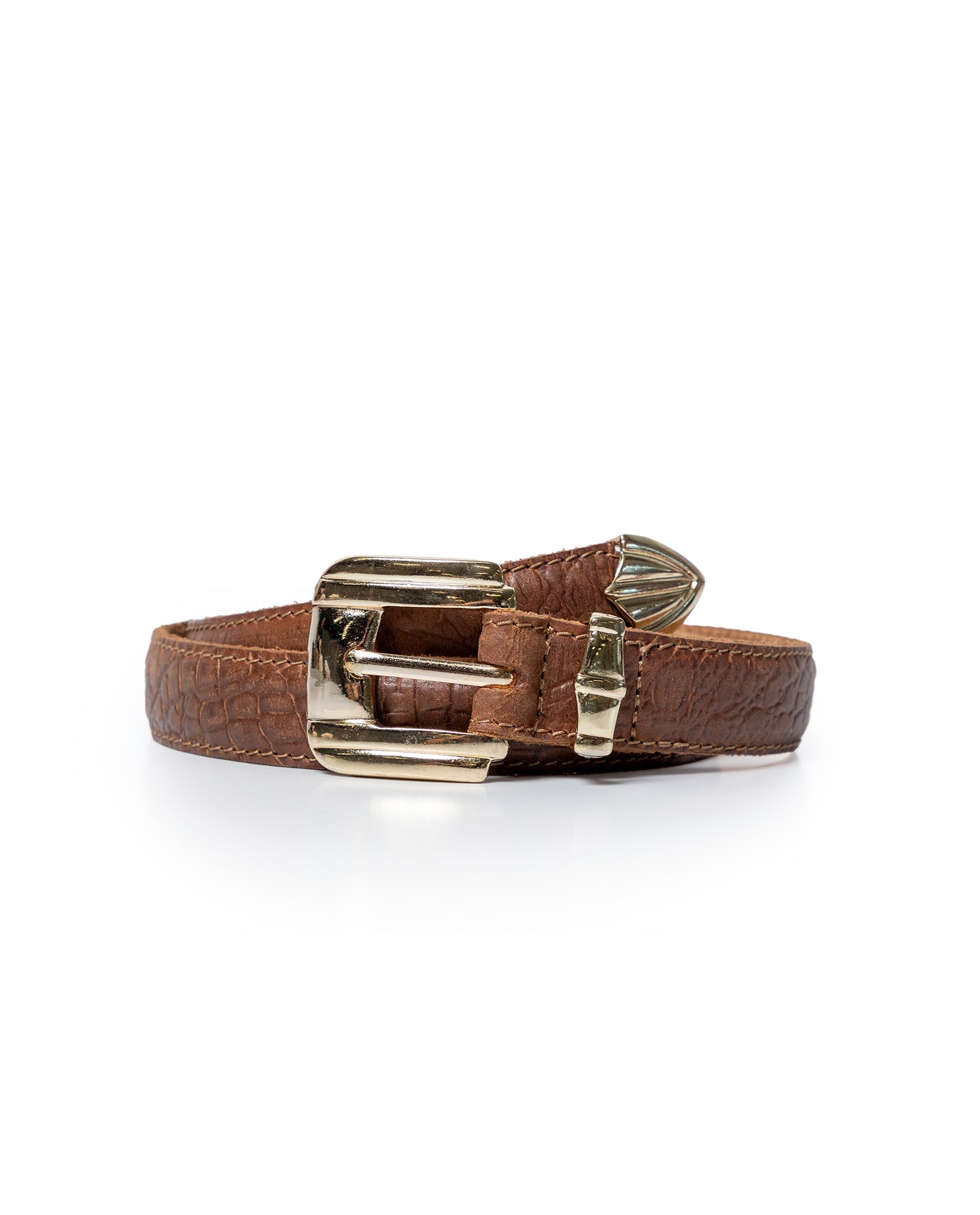 Womens Belt Slim Cowhide Leather Croc Embossing Retro Buckle - Brown 63_211H010_CAF171321_0