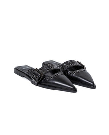 Womens Mules Backless Cowhide Leather Pointed Toe Adjustable Strap - Black 63_261H000_NEG194007_0