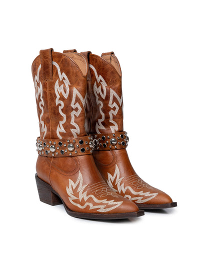 Womens Boots Western Mid Calf Aniline Cowhide Leather Natural Finish - Brown 63_261H005_CAF181336_0