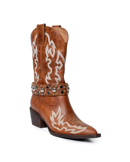 Womens Boots Western Mid Calf Aniline Cowhide Leather Natural Finish - Brown 63_261H005_CAF181336_3