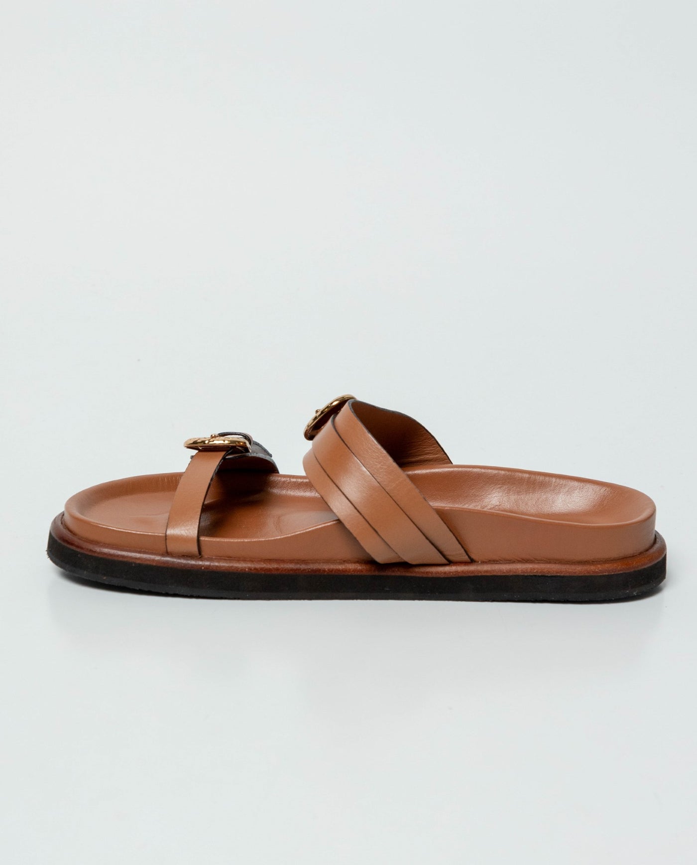 Women's Double-Strap Flat Sandals with Gold Buckles in Aniline Leather 63_262G000_CAF170808_4