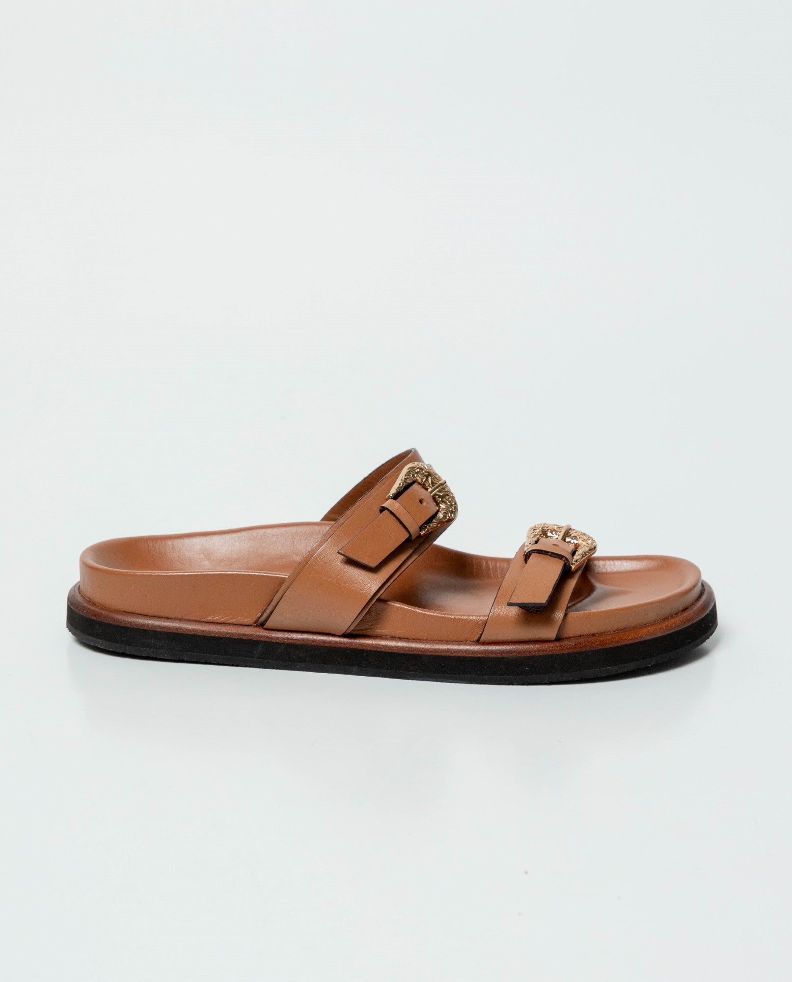 Women's Double-Strap Flat Sandals with Gold Buckles in Aniline Leather 63_262G000_CAF170808_8