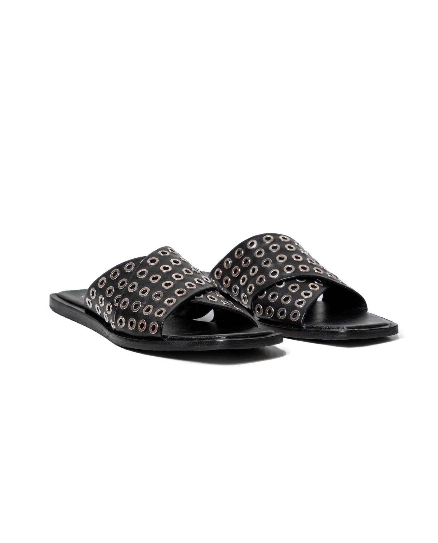 Women's Flat Backless Leather Sandals with Metallic Embellishments - Black - 1