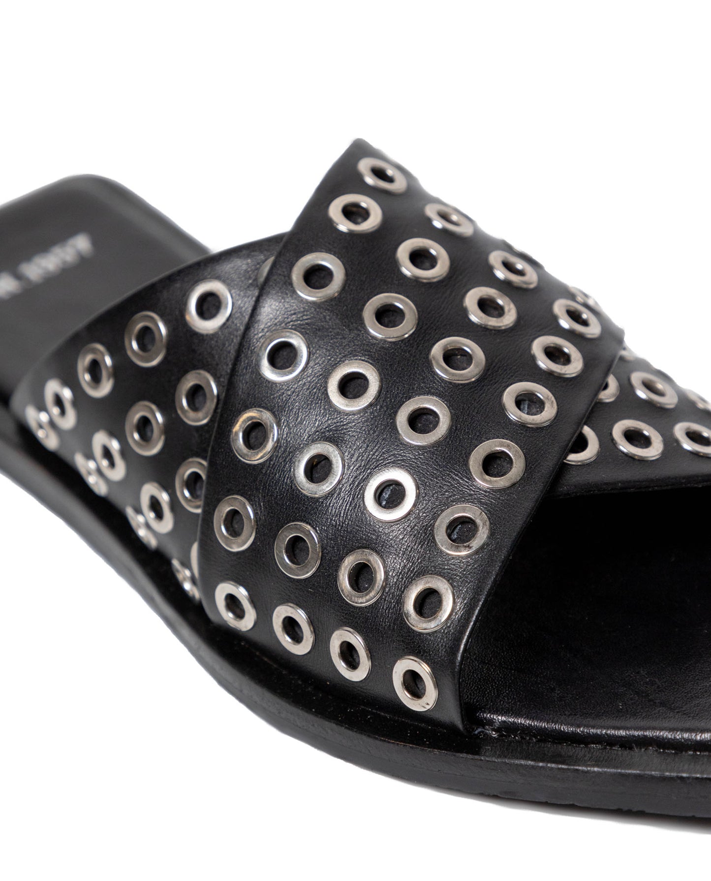 Women's Flat Backless Leather Sandals with Metallic Embellishments - Black - 3