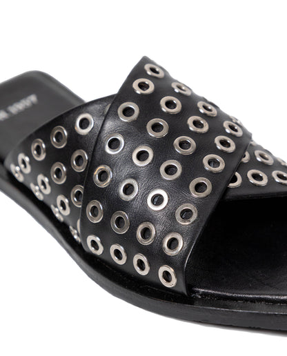 Women's Flat Backless Leather Sandals with Metallic Embellishments - Black - 3