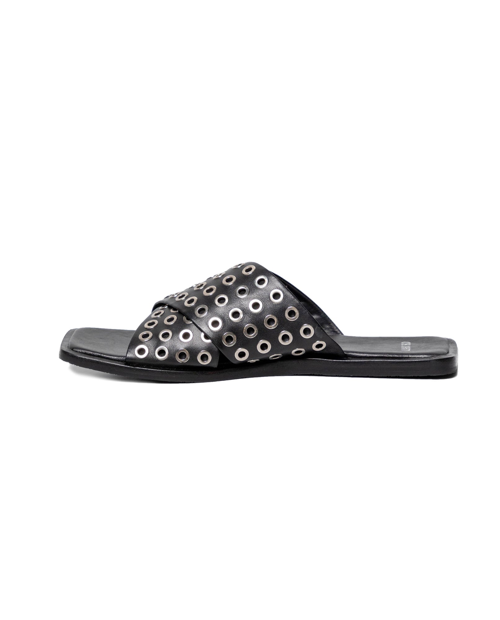 Women's Flat Backless Leather Sandals with Metallic Embellishments - Black - 4