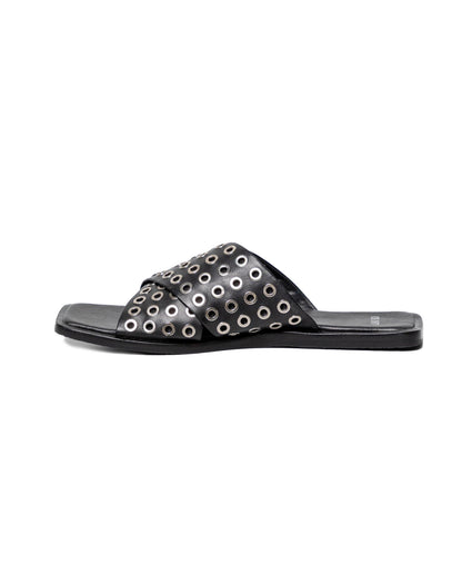 Women's Flat Backless Leather Sandals with Metallic Embellishments - Black - 4