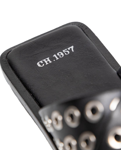 Women's Flat Backless Leather Sandals with Metallic Embellishments - Black - 5