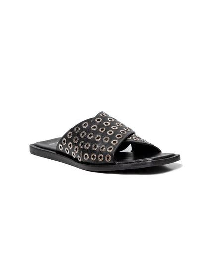 Women's Flat Backless Leather Sandals with Metallic Embellishments - Black - 6