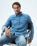 Men's Long Sleeve Stretch Shirt Flap Pockets Light Wash 310E800 - 2