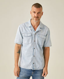 Mens Shirt Short Sleeve Resort Light Wash Cotton Classic Collar Flap Pockets Metal Snaps - Blue 63_311H001_AZU154020_0