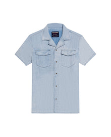 Mens Shirt Short Sleeve Resort Light Wash Cotton Classic Collar Flap Pockets Metal Snaps - Blue 63_311H001_AZU154020_3