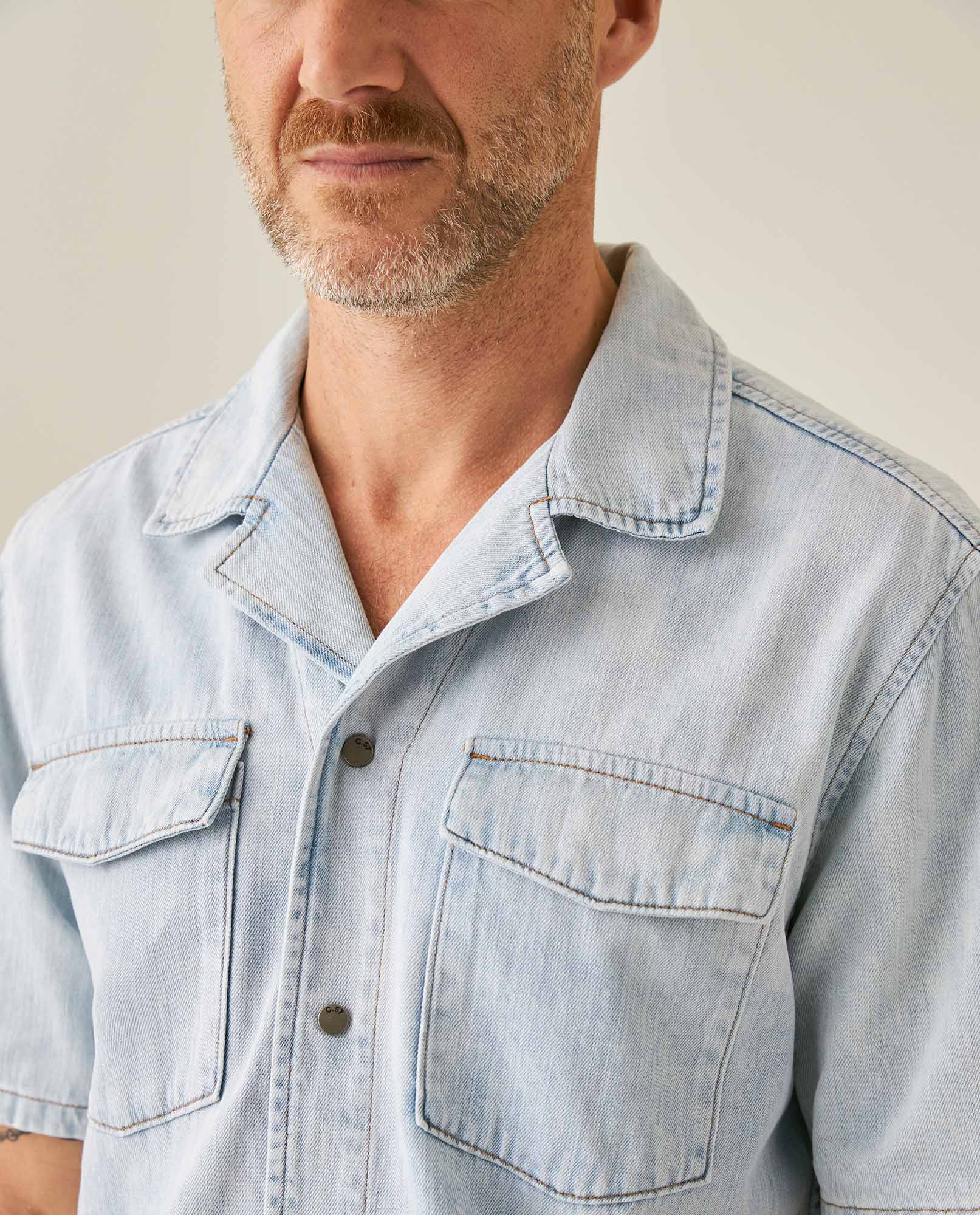 Mens Shirt Short Sleeve Resort Light Wash Cotton Classic Collar Flap Pockets Metal Snaps - Blue 63_311H001_AZU154020_5