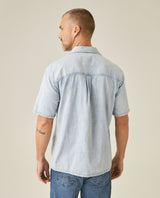 Mens Shirt Short Sleeve Resort Light Wash Cotton Classic Collar Flap Pockets Metal Snaps - Blue 63_311H001_AZU154020_6