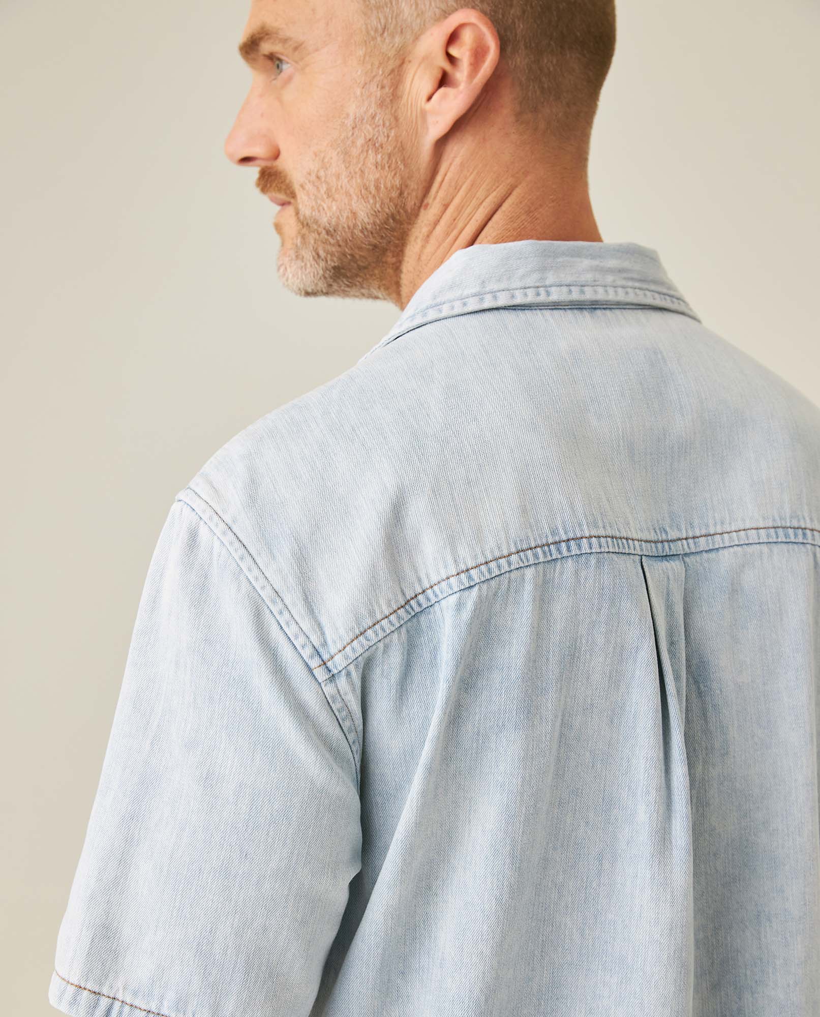 Mens Shirt Short Sleeve Resort Light Wash Cotton Classic Collar Flap Pockets Metal Snaps - Blue 63_311H001_AZU154020_7