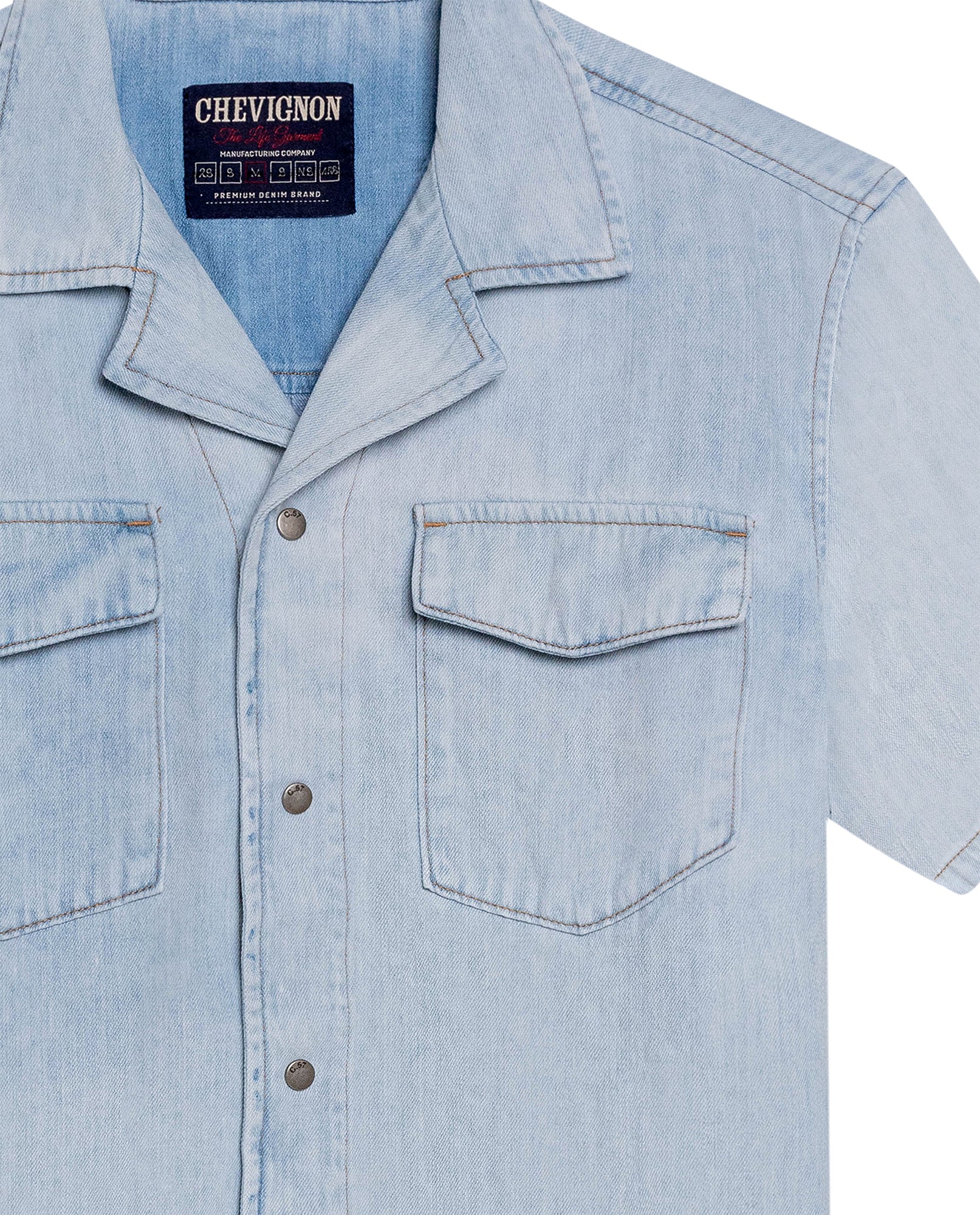 Mens Shirt Short Sleeve Resort Light Wash Cotton Classic Collar Flap Pockets Metal Snaps - Blue 63_311H001_AZU154020_8