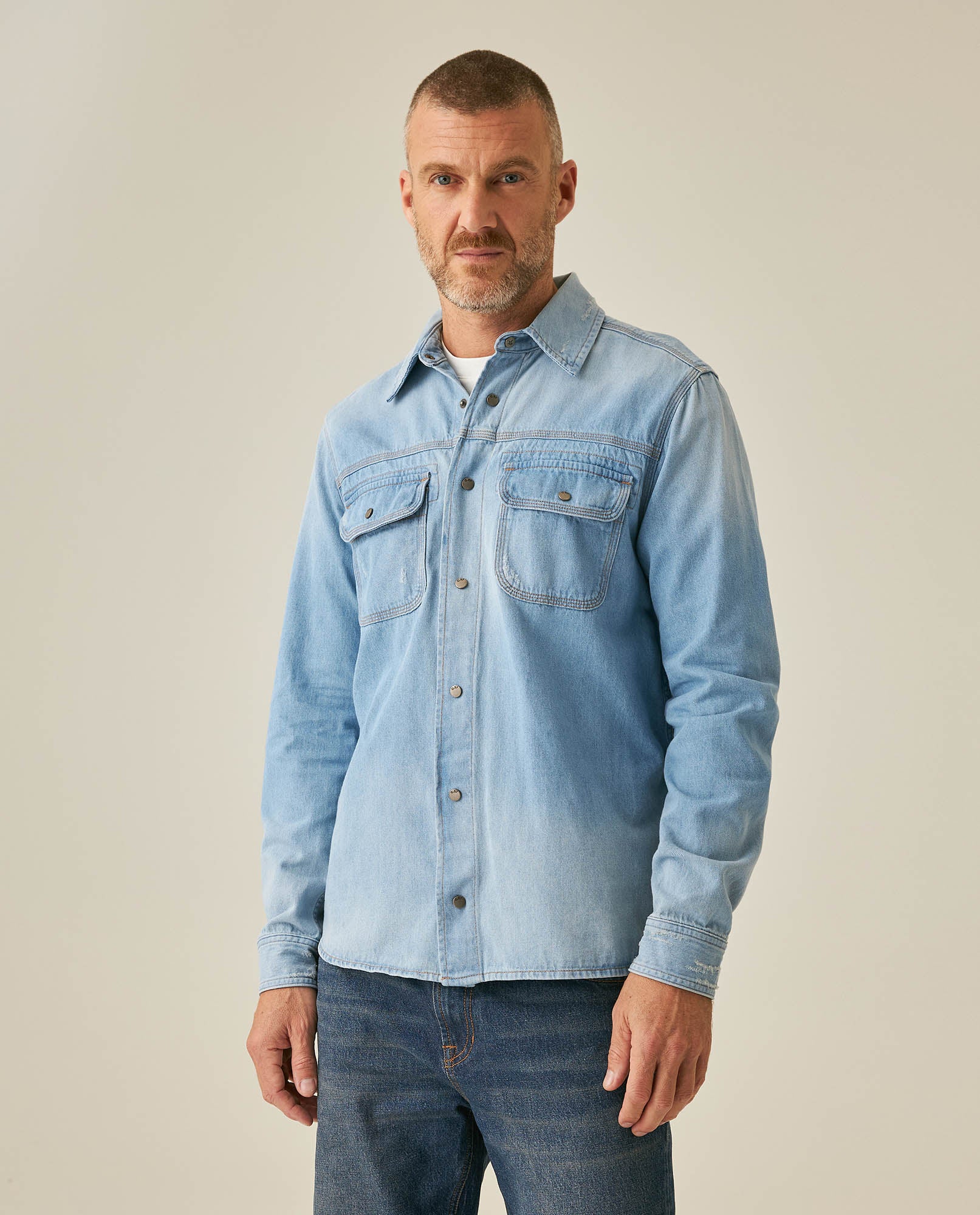 Mens Shirt Long Sleeve Workwear Light Wash Pepper Cotton Distressed Destroyed Flap Pockets - Blue 63_311H002_AZU154020_0