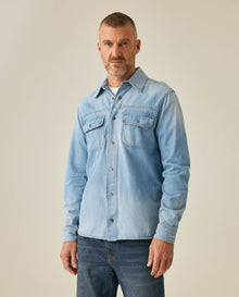 Mens Shirt Long Sleeve Workwear Light Wash Pepper Cotton Distressed Destroyed Flap Pockets - Blue 63_311H002_AZU154020_0