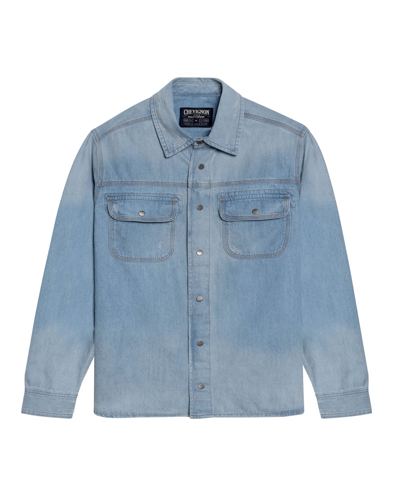 Mens Shirt Long Sleeve Workwear Light Wash Pepper Cotton Distressed Destroyed Flap Pockets - Blue 63_311H002_AZU154020_3