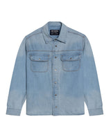Mens Shirt Long Sleeve Workwear Light Wash Pepper Cotton Distressed Destroyed Flap Pockets - Blue 63_311H002_AZU154020_3