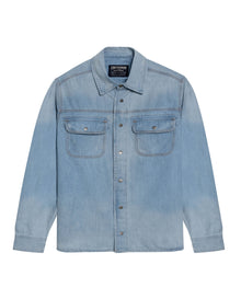 Mens Shirt Long Sleeve Workwear Light Wash Pepper Cotton Distressed Destroyed Flap Pockets - Blue 63_311H002_AZU154020_3