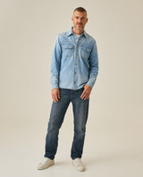 Mens Shirt Long Sleeve Workwear Light Wash Pepper Cotton Distressed Destroyed Flap Pockets - Blue 63_311H002_AZU154020_4