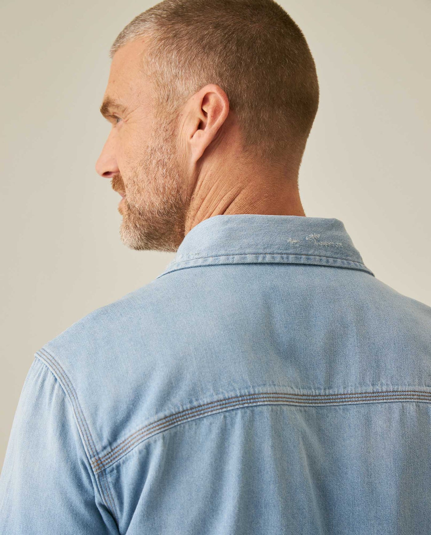 Mens Shirt Long Sleeve Workwear Light Wash Pepper Cotton Distressed Destroyed Flap Pockets - Blue 63_311H002_AZU154020_7