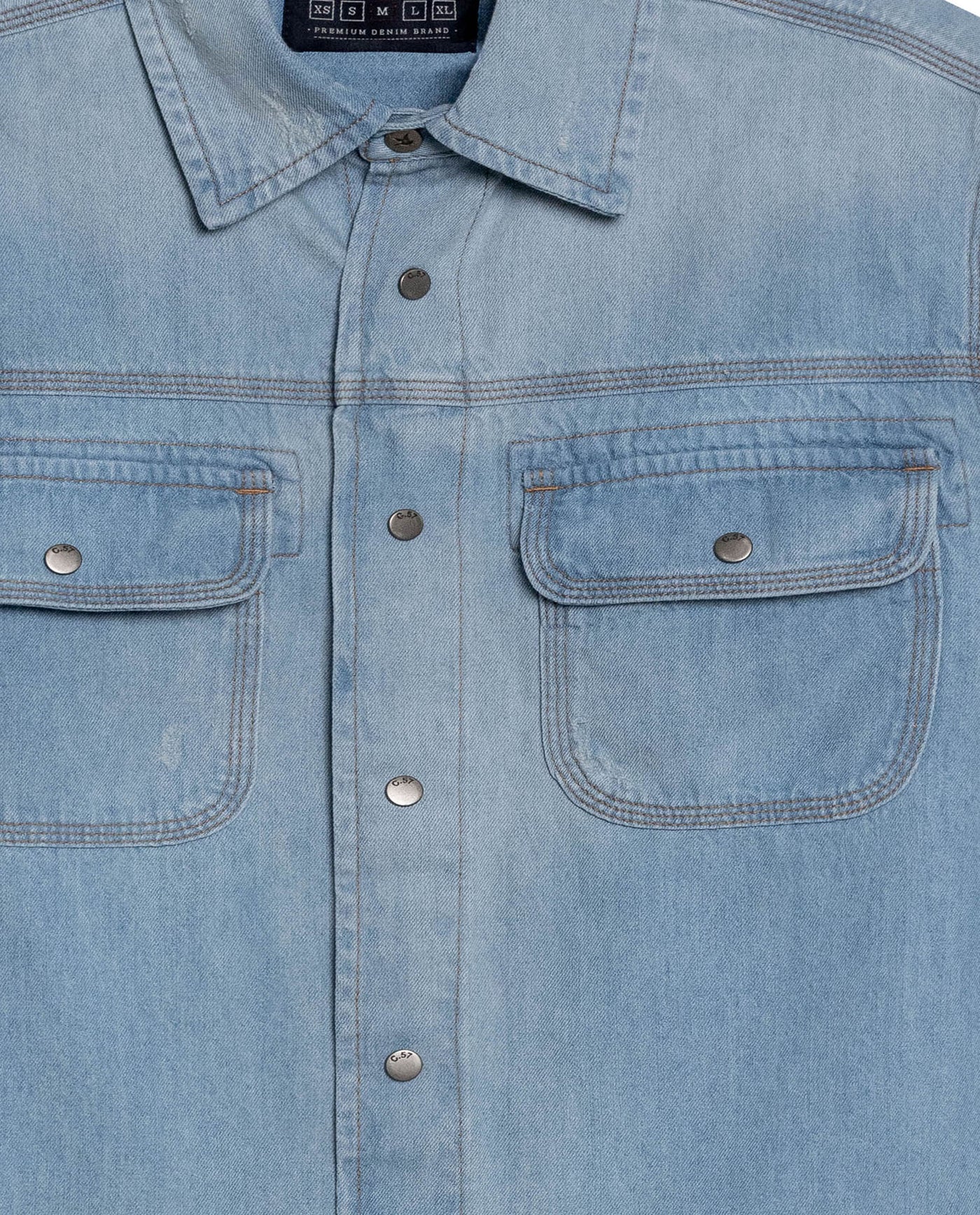 Mens Shirt Long Sleeve Workwear Light Wash Pepper Cotton Distressed Destroyed Flap Pockets - Blue 63_311H002_AZU154020_8