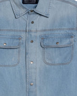 Mens Shirt Long Sleeve Workwear Light Wash Pepper Cotton Distressed Destroyed Flap Pockets - Blue 63_311H002_AZU154020_8