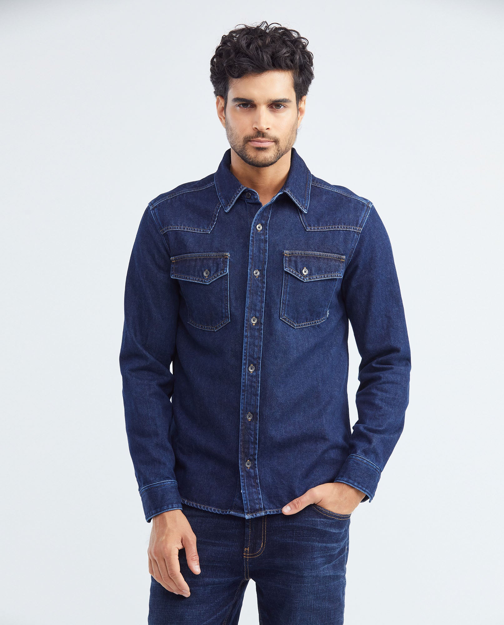 Men's Long Sleeve Shirt Dark Wash Flap Pockets in Cotton 312F003 - 1