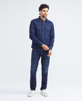 Men's Long Sleeve Shirt Dark Wash Flap Pockets in Cotton 312F003 - 2