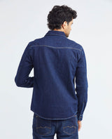 Men's Long Sleeve Shirt Dark Wash Flap Pockets in Cotton 312F003 - 5