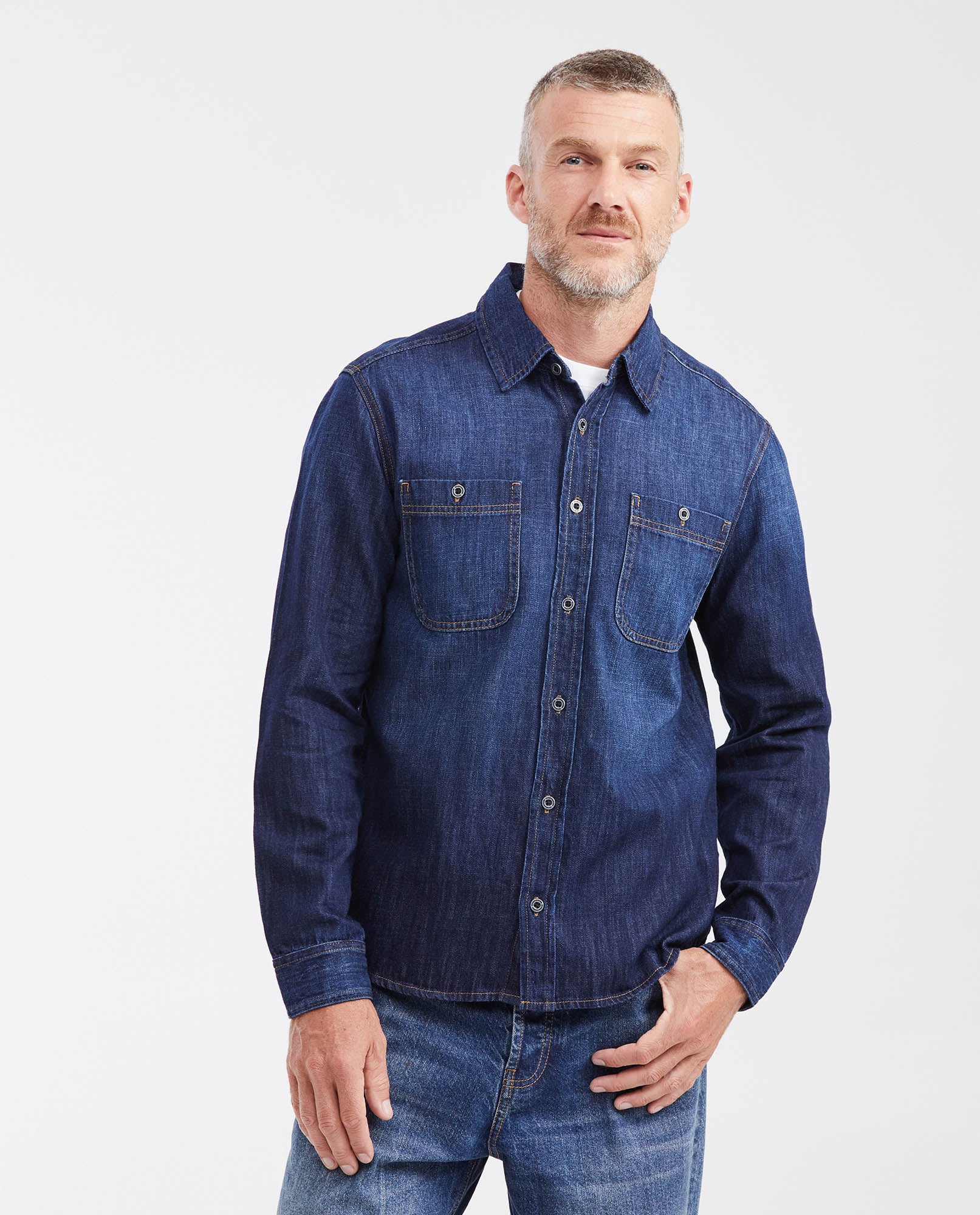 Men's Slim Fit Dark Wash Denim Shirt with Metal Buttons in Non-Stretch Cotton 312G000 - 1