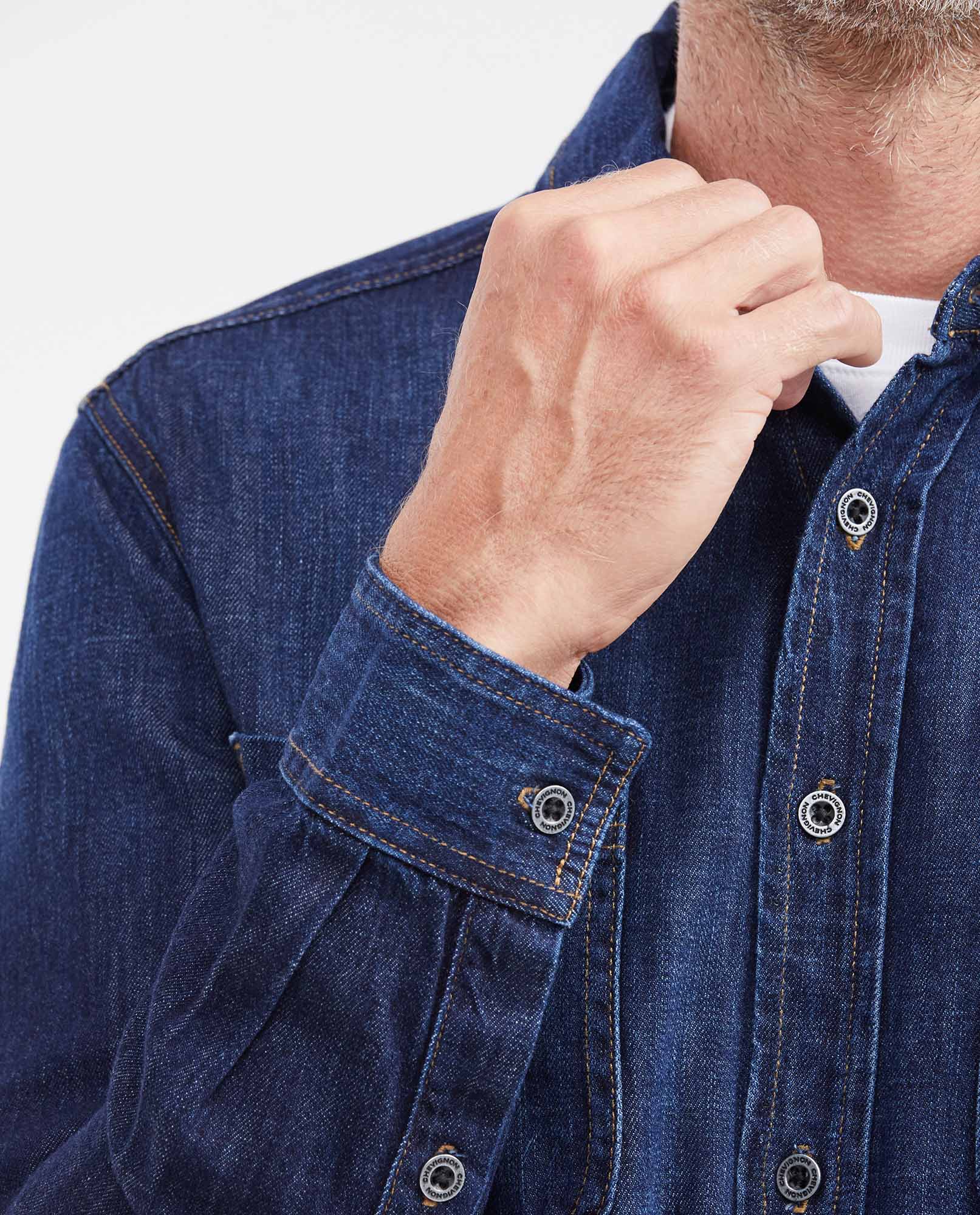 Men's Slim Fit Dark Wash Denim Shirt with Metal Buttons in Non-Stretch Cotton 312G000 - 3