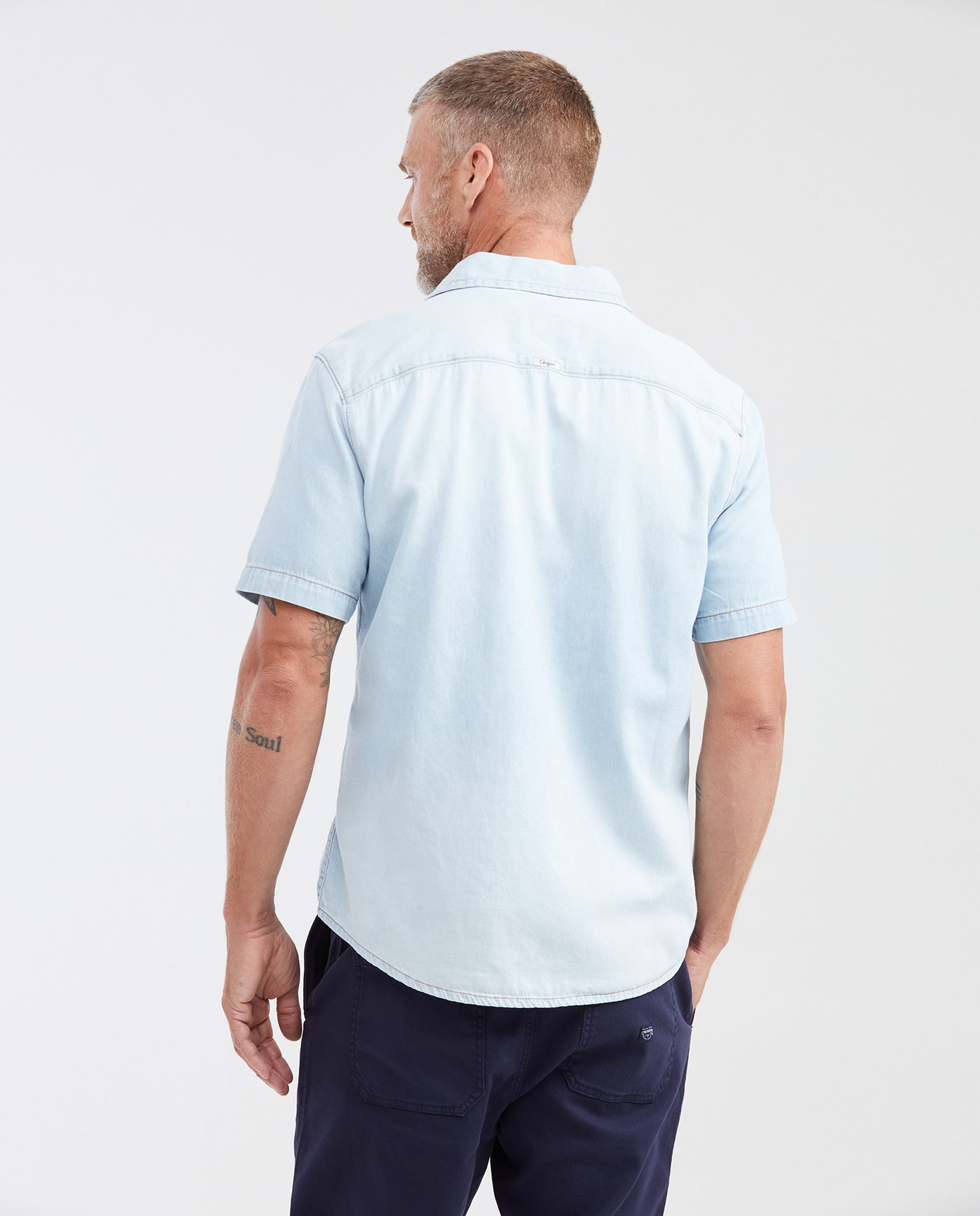 Men's Slim Fit Light Wash Short Sleeve Denim Shirt in Non-Stretch Cotton 312G001 - 4