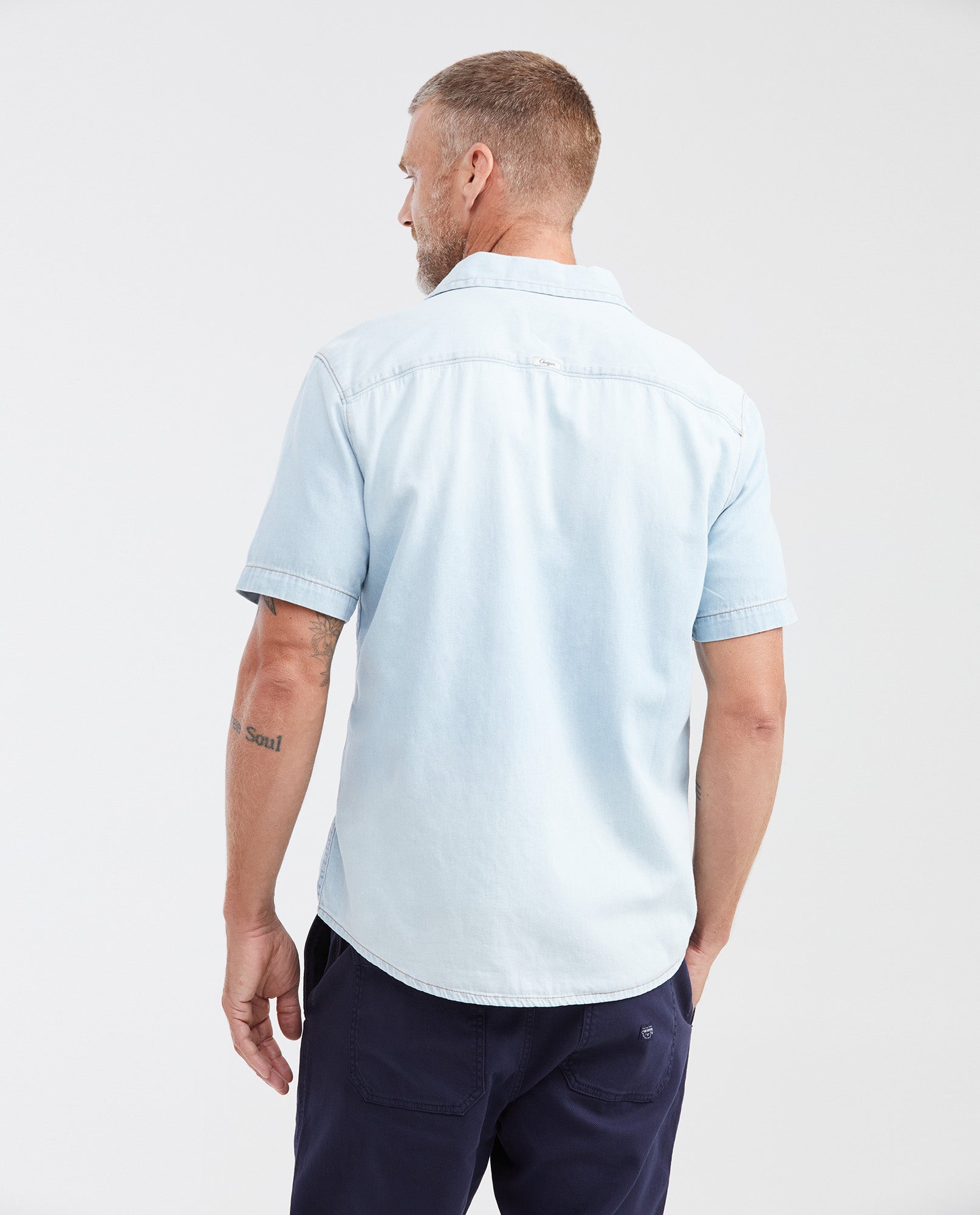 Men's Slim Fit Light Wash Short Sleeve Denim Shirt in Non-Stretch Cotton 312G001 - 4