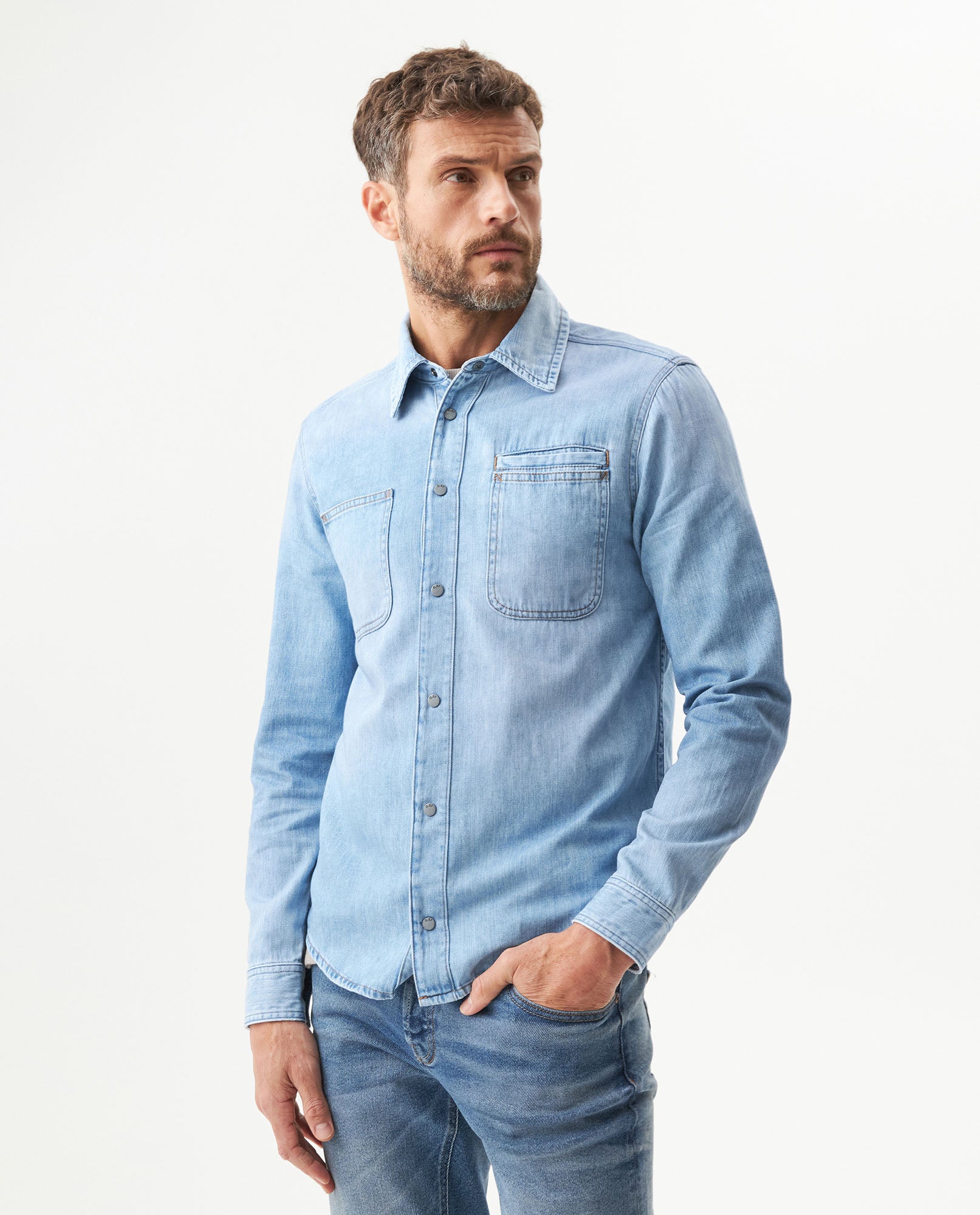 Men's Long Sleeve Denim Shirt in Cotton Regular Fit Twilight