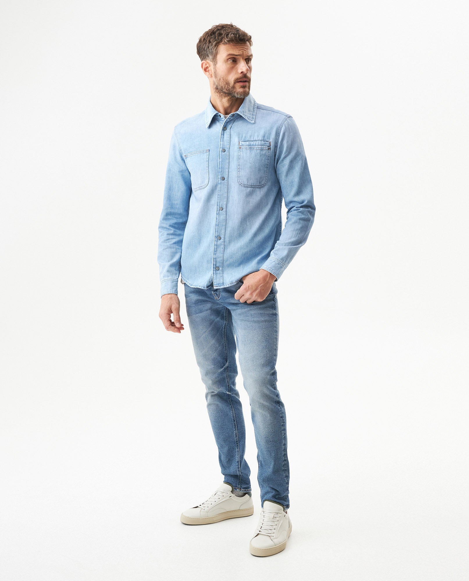 Men's Long Sleeve Denim Shirt in Cotton Regular Fit, Twilight - 3