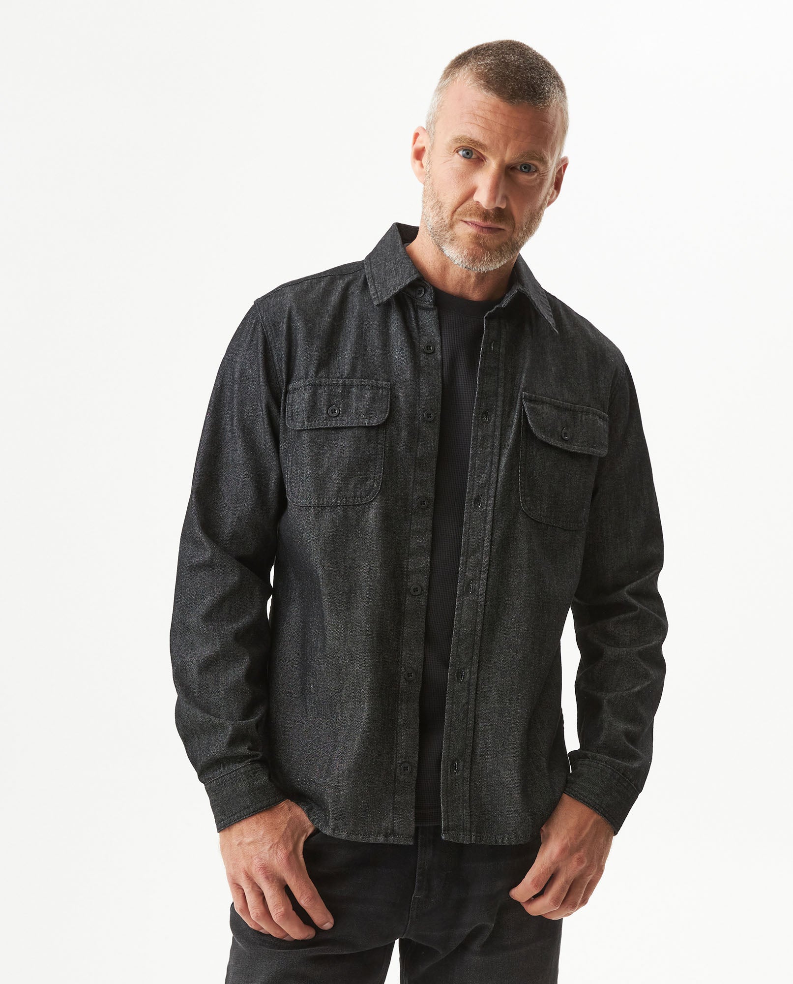 Men's Slim Fit Long Sleeve Denim Shirt in Cotton-Polyester-Rayon Blend, Nocturne - 2