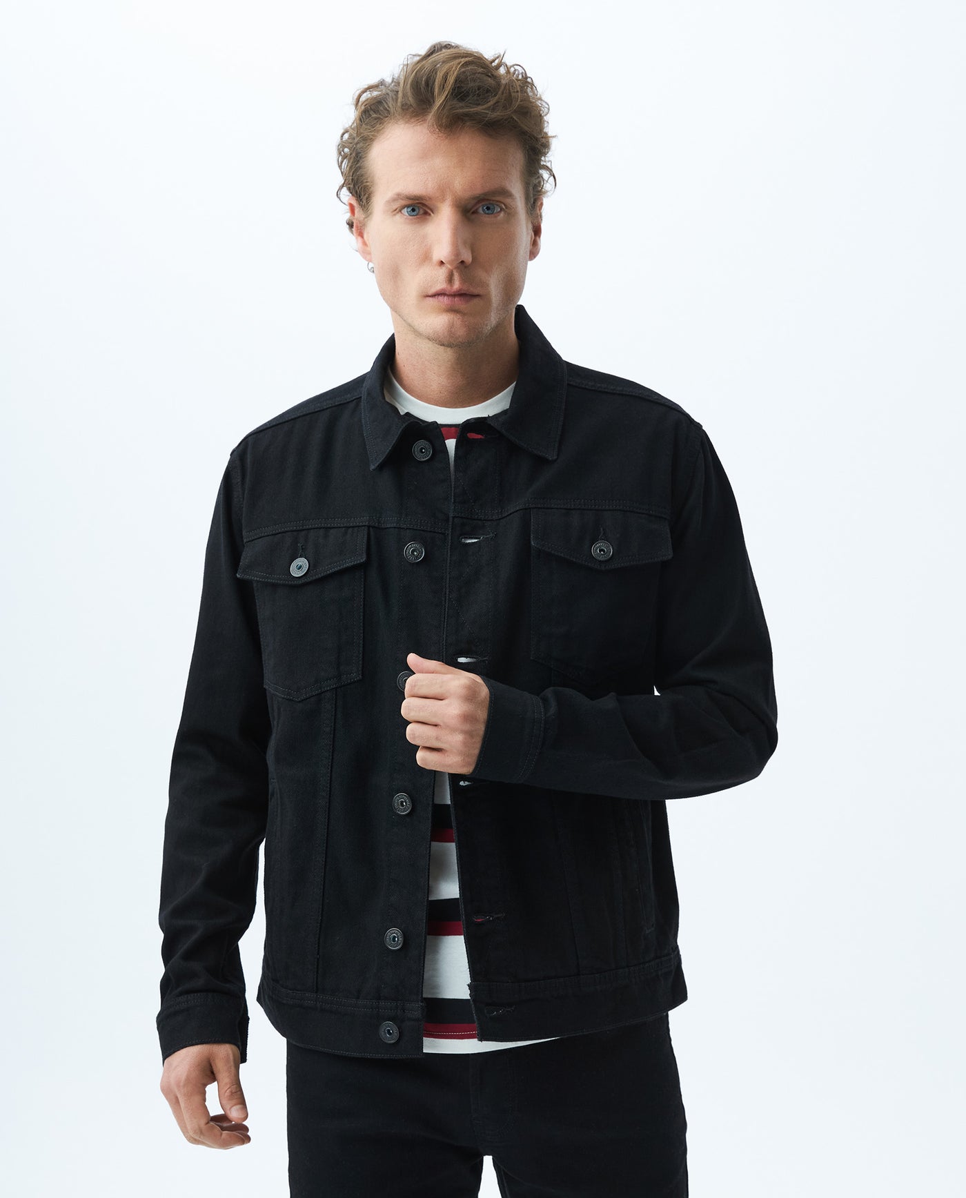 Men's Black Trucker Jacket Shoulder Epaulettes Cotton 320E802 - 1