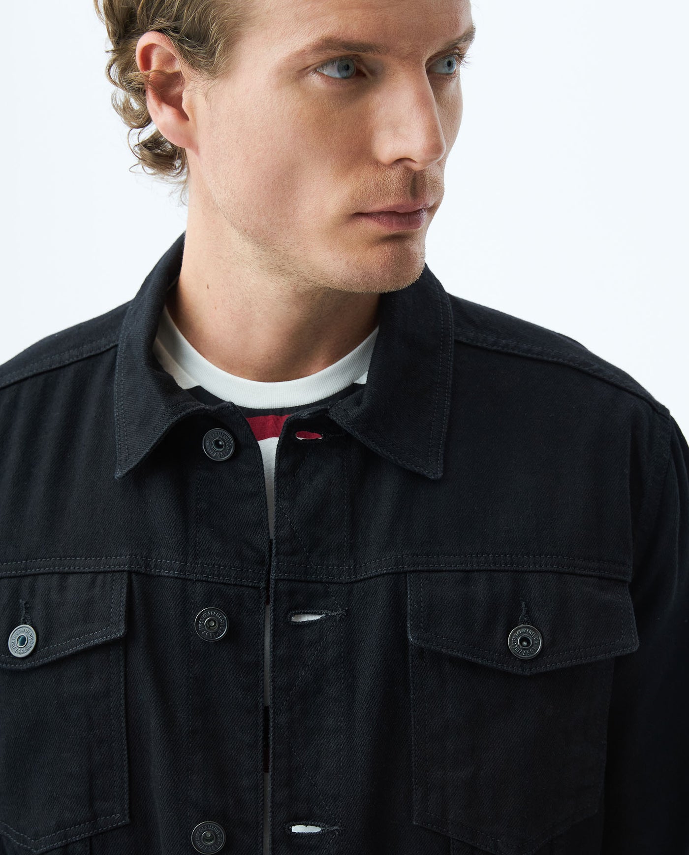 Men's Black Trucker Jacket Shoulder Epaulettes Cotton 320E802 - 4