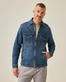 Mens Trucker Jacket Straight Cut Medium Wash Cotton Elastane Zipper Closure Leather Badge - Blue 63_321H000_AZU184140_0