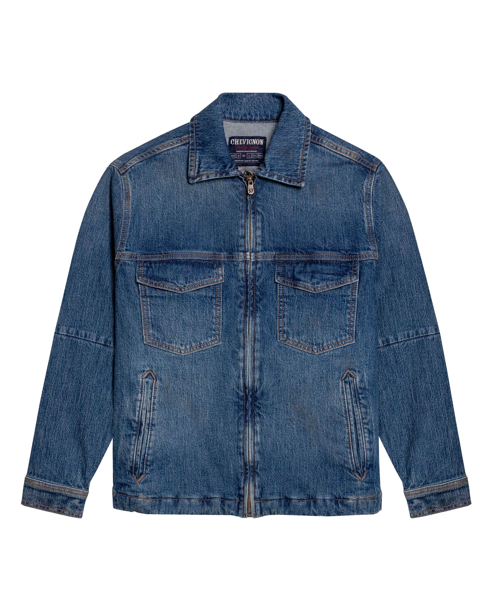 Mens Trucker Jacket Straight Cut Medium Wash Cotton Elastane Zipper Closure Leather Badge - Blue 63_321H000_AZU184140_3