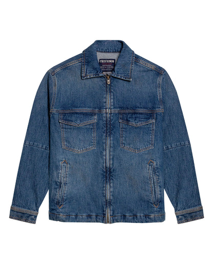 Mens Trucker Jacket Straight Cut Medium Wash Cotton Elastane Zipper Closure Leather Badge - Blue 63_321H000_AZU184140_3