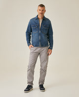 Mens Trucker Jacket Straight Cut Medium Wash Cotton Elastane Zipper Closure Leather Badge - Blue 63_321H000_AZU184140_4